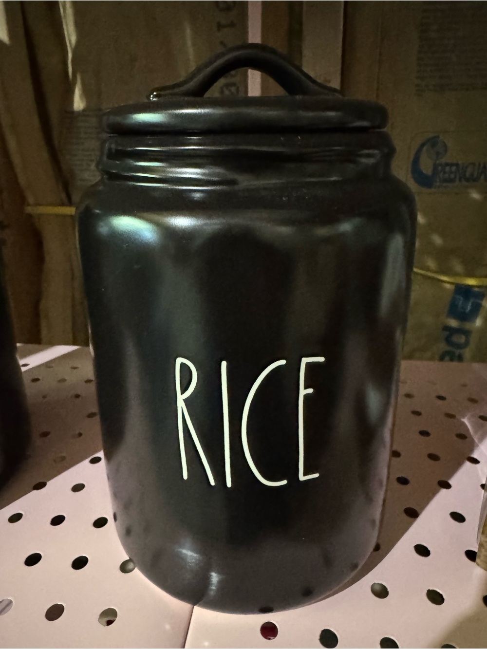 Rae Dunn Matte Black Ceramic Canister Labeled RICE